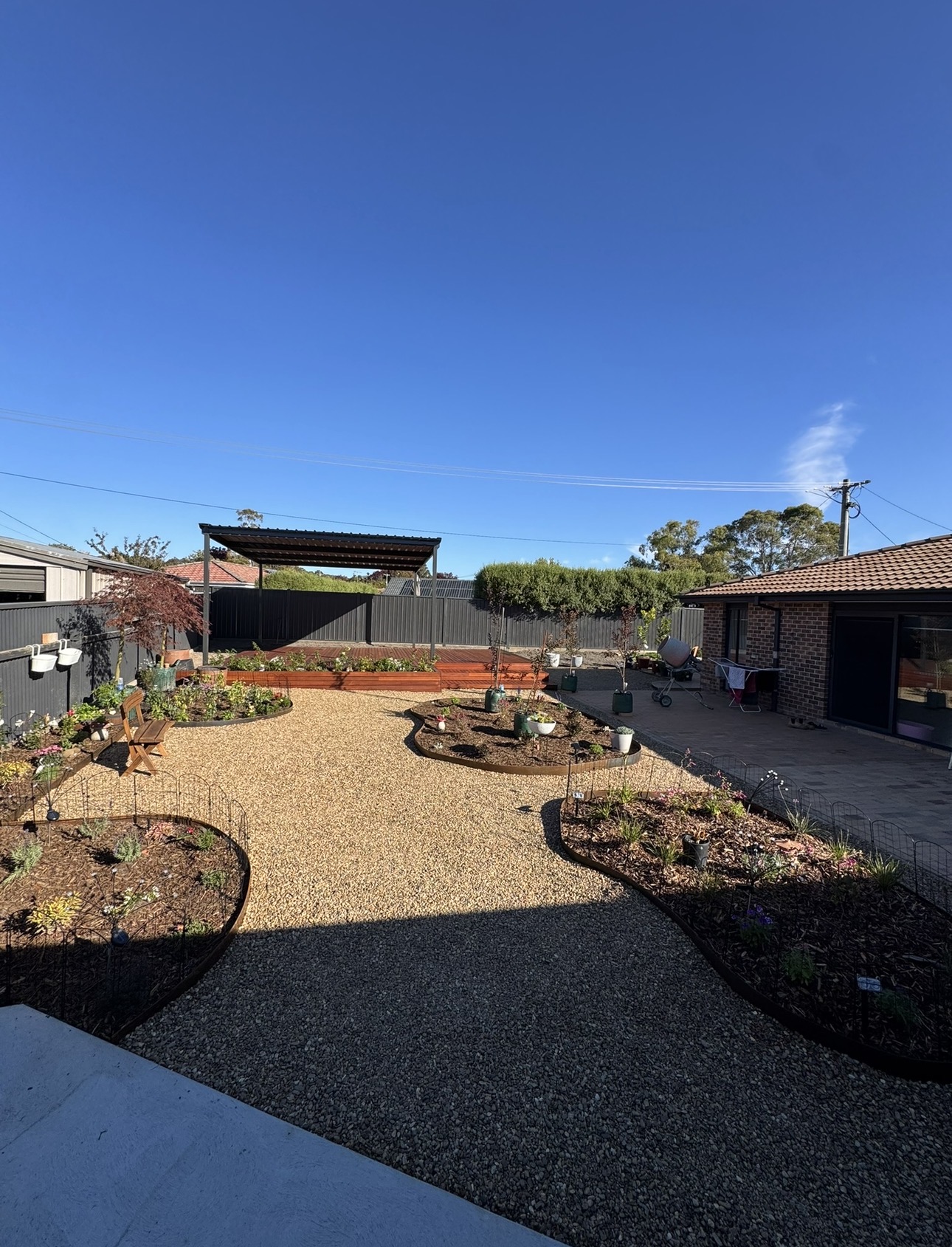 Completed Canberra backyard — steel pergola, deck, gravel paths and planted garden beds